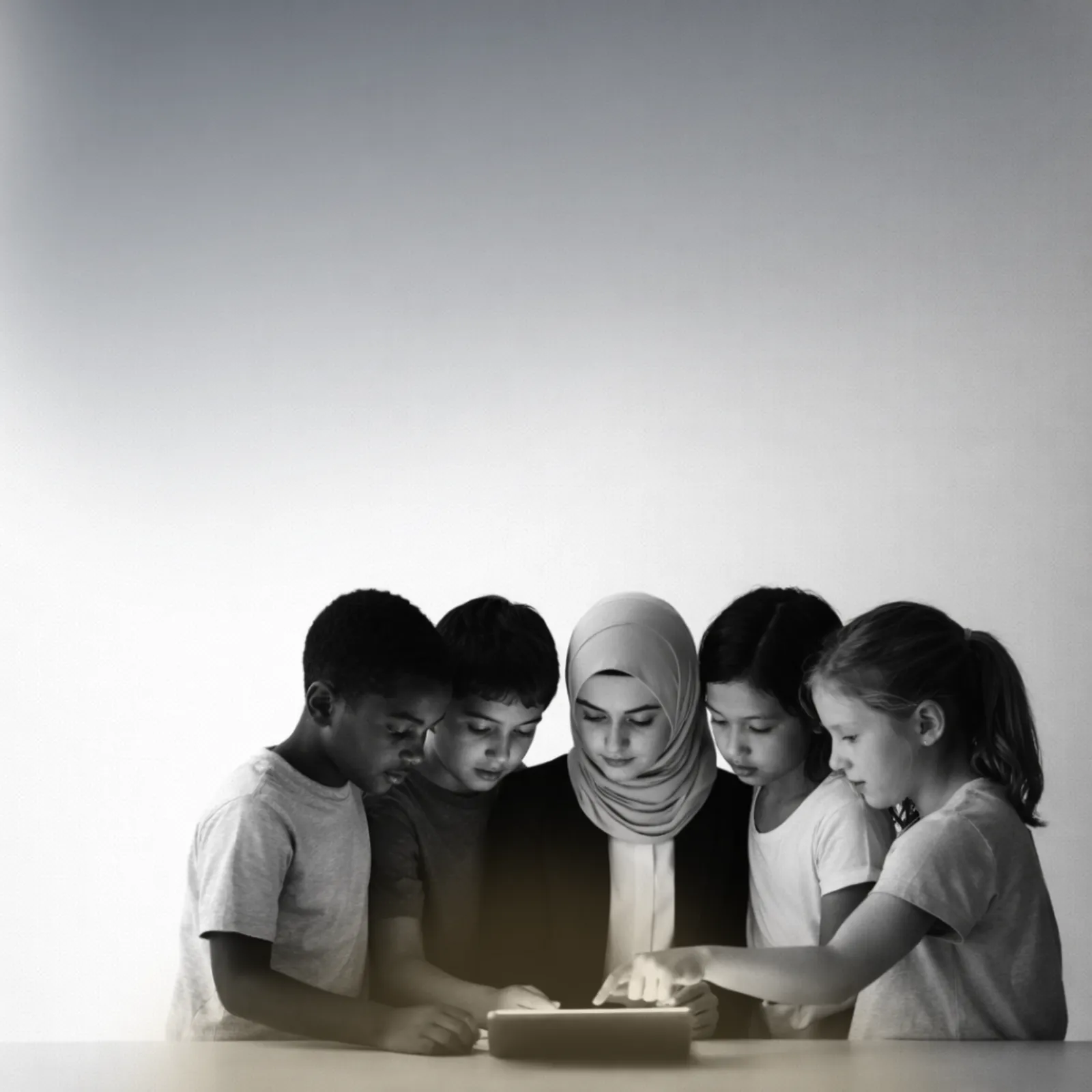 Children gathered around a laptop, learning together